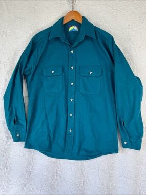 Vintage Chamois Shirt North Crest Mens M Teal Thick Flannel Cotton Made in USA